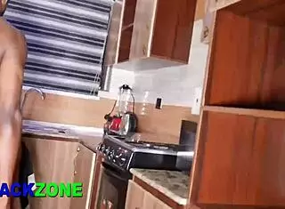 Young Ebony Stepson Fingers His Beautiful Curvy Stepmom's Ass Close Up In Kitchen.