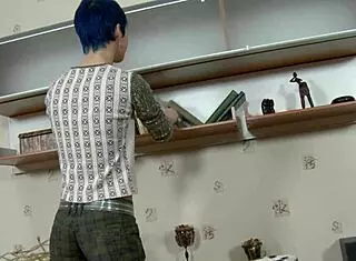 Why not suck this big cock and ride it doggy-style? asked the blue-haired girl in fishnets during anal fingering session