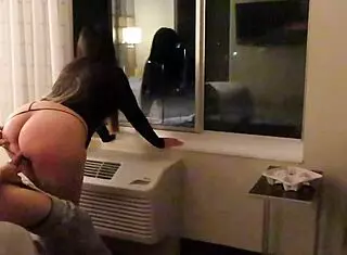 Amateur prostitute in see through short dress has fun with public blowjob and doggystyle in hotel areas with thong panties visible.