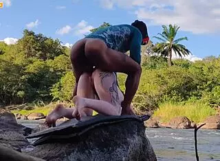 Amateur anal gangbang outdoors in forest with beautiful pornstar taking first-time interracial creampie from three monster cocks in public nature setting