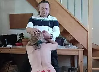 come here slave, time for your bdsm session with chains and humiliations. the french maid gets bound, slapped, and fucked doggystyle with dildo in homemade outdoor play.