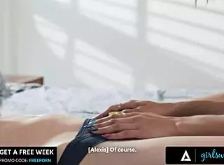 Busty brunette Olive Glass contrasts with petite Alexis Tae in rough interracial lesbian strapon drilling and pussy licking.