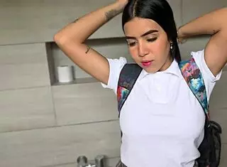 Petite student babe in uniform skirt rides teacher's cock in cowgirl then bends over for doggystyle creampie in bathroom quickie