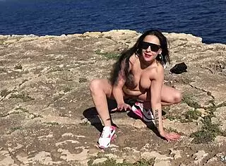 Curvy black-haired girl with big natural saggy tits gets picked up by old German stranger for risky public beach fuck in cowgirl and doggystyle positions.