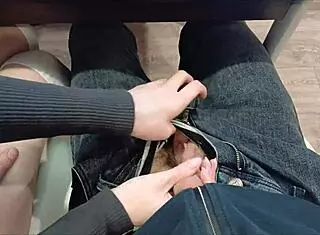 European teen 18+ jerks off classmate's big cock during lecture in skirt with close up homemade fetish action