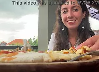 eating pizza with cum on my face in public cafe pov