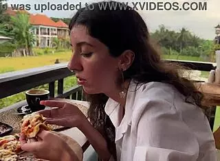 eating pizza with cum on my face in public cafe pov