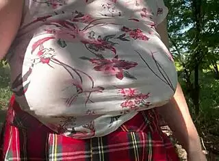 big boobed milf wife masturbates hairy pussy outdoors in local forest