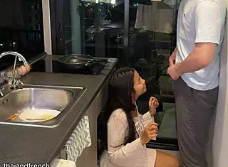 18 year old asian gets fucked by big white cock while cooking in train