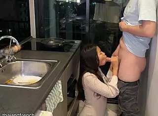18 year old asian gets fucked by big white cock while cooking in train