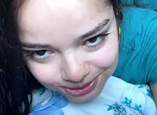 Slutty Brunette With Hard Tits Deepthroats Big Pink Cock And Chokes