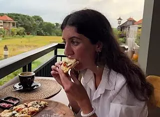 eating pizza with cum on my face in public cafe pov