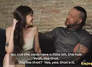 Inked brunette with shaved pussy rims her man and swallows his cum in HD