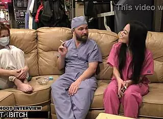 Blaire Celestes shaved pussy gets filled with cum in doggystyle behind the scenes.