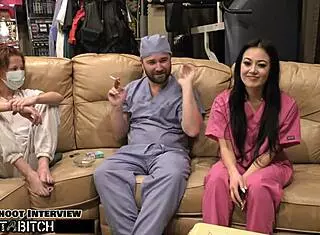 Blaire Celestes shaved pussy gets filled with cum in doggystyle behind the scenes.