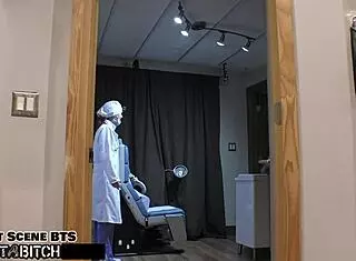 Blaire Celestes shaved pussy gets filled with cum in doggystyle behind the scenes.