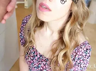 Sloppy blowjob from my pretty roommate ends with a messy cumshot - hawk tuah, what a load!