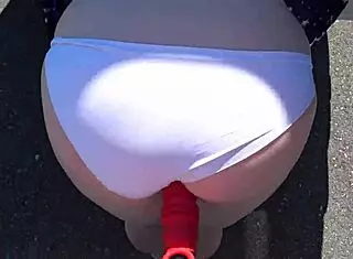 girlfriend uses strap-on to fuck milf with fat booty near car in outdoor lesbian pov action