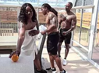 Two Ripped Studs Spit and Claim Ebony Queen Lyric Skys Face with Massive Black Cocks!