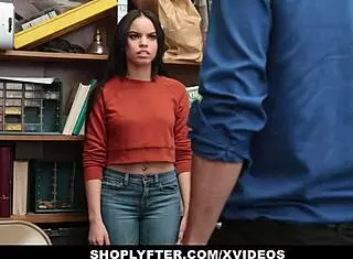 Hot brunette teen 18+ Tory Bellamy caught shoplifting gets blackmailed into riding officer's massive cock doggystyle in office