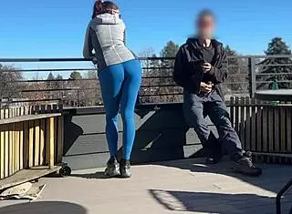 A little 18+ redhead slut flashes and gives fast handjob with blowjob on roof while boyfriend waits