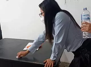 I fucked my stepdad's secretary in the office discovering she's a puta seducing me at work. We had sex on desk then standing slow.