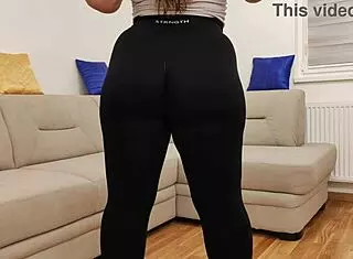 try on haul features curvy milf in tight leggings and pants showcasing big natural tits and huge ass solo