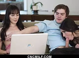 the milfs offer freeuse to the laptop service guy for repair with blowjob and cowgirl riding in 3some