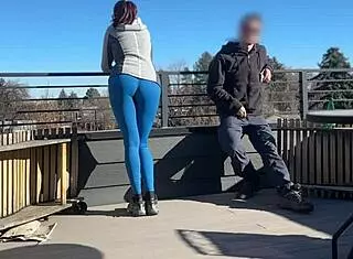 A little 18+ redhead slut flashes and gives fast handjob with blowjob on roof while boyfriend waits