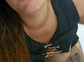 Exhibitionist Masturbates by Rubbing on Table Edge and Slapping Breasts