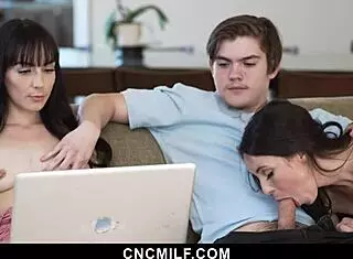 the milfs offer freeuse to the laptop service guy for repair with blowjob and cowgirl riding in 3some