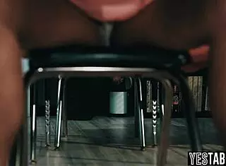 Tiny blonde teen student lets janitor rail her hairy cunt in the classroom during intense session.