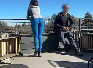 A little 18+ redhead slut flashes and gives fast handjob with blowjob on roof while boyfriend waits