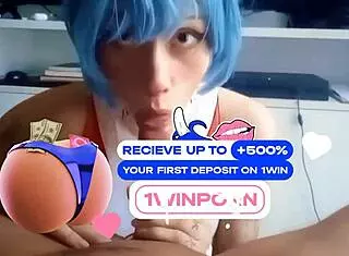 Rei Ayanami steps into cosplay for a blowjob scene ending in cum on her bodysuit.