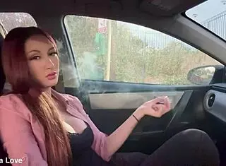 Italian big tits milf Artemisia Love solo smoking in the car with long hair fetish!
