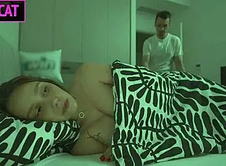 Step son surprises step mom in shared bed with rough sideways fucking. She holds moans until facial cumshot covers her.