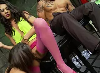 Lucky dudes bind tattooed heels girls for intense BDSM banging