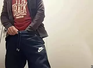 Muscular Hunky Stud Strokes Massive Monster Cock in Public Bathroom Solo Session