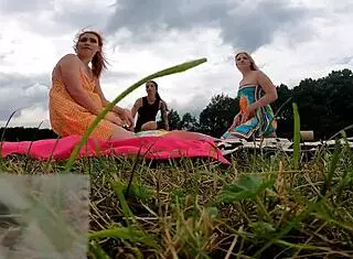 Blondes flash no panties under short dresses miniskirts during outdoor lingerie try-on voyeur fun