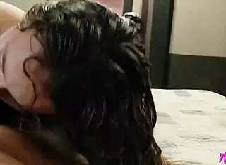 Sucking his cock with handjob after shower until cumshot in hotel