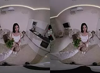 brunette babe with big tits ass gives pov blowjob handjob