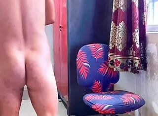 Feminized sissy preps tight body before work shift