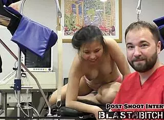 Raya Nguyen gulps dick twice then doctor pounds her bent over.