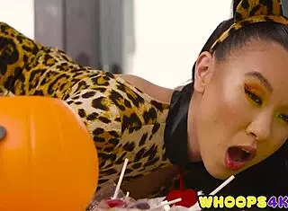 Asian teen 18+ gets halloween deepthroat dick treat shyly