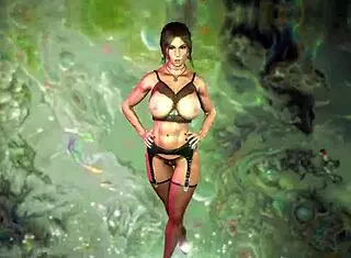 Busty oiled LARA CROFT in black lingerie dances and FUCKS beyond tombs