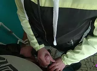 girlfriend gives risky public staircase blowjob and swallows