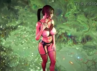 Busty oiled LARA CROFT in black lingerie dances and FUCKS beyond tombs