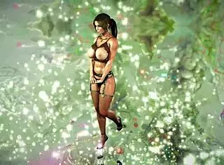 Busty oiled LARA CROFT in black lingerie dances and FUCKS beyond tombs