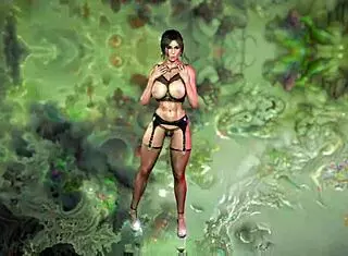 Busty oiled LARA CROFT in black lingerie dances and FUCKS beyond tombs