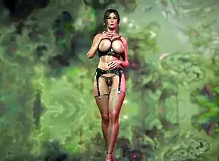 Busty oiled LARA CROFT in black lingerie dances and FUCKS beyond tombs